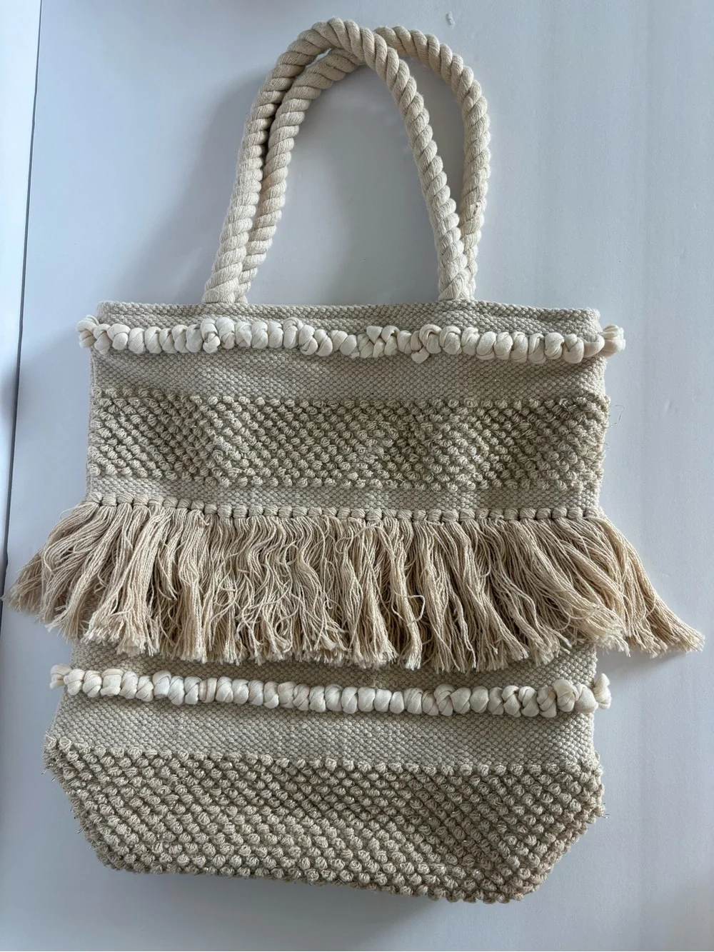 Forever 21 Cream Boho Woven Fringe Tote Bag Macrame Rope Handles